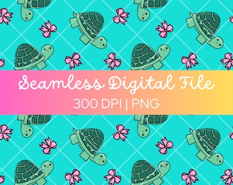 Seamless Pattern, Hand-Drawn Cute Turtle Tortoise, Digital Download, Repeating Turtle and Bows Design, Sublimation, Digital Scrapbook Paper