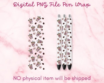 Digital Iced Coffee Ink Joy Pen Wrap Design - Cute Coquette Hand-Drawn 600dpi PNG Seamless Pen Wrap Pattern, Iced Latte Vibes Pen Design