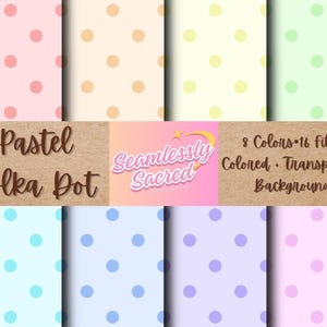 Op de afbeelding: Een set van 16 digitale papierpatronen met pastelkleurige stippen in 8 verschillende kleuren. De patronen zijn naadloos en kunnen worden gebruikt voor een verscheidenheid aan knutselprojecten.