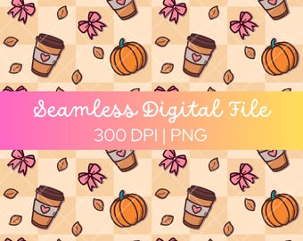 Naadloos patroon Pumpkin Spice Latte: ontwerp herfstkoffiekop (digitale png-download)