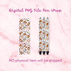 May include: Digital PNG file pen wrap design featuring a white background with a pattern of bread, wheat, and gardening tools. The image also shows three pens with the same design. The text "Digital PNG File Pen Wrap" and "NO physical item will be shipped" are visible.