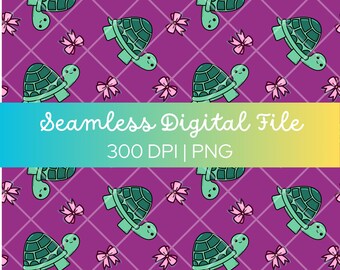 Seamless Pattern, Hand-Drawn Cute Turtle Tortoise, Digital Download, Purple Turtle and Bows Design, Sublimation, Digital Scrapbook Paper