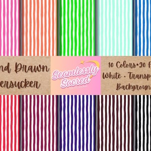 May include: A digital download of 20 seamless hand-drawn seersucker patterns in 10 colors. The patterns are white with colored stripes and have a transparent background. The text "Hand Drawn Seersucker" and "Seamlessly Sacred" is included in the image.