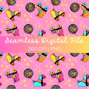 Retro Neon Roller Skate Disco Pattern, High-Quality PNG, Seamless Digital Download, 70s Disco Ball Design, Repeating Pattern, Skater Girl