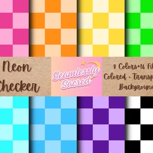 Puede incluir: Un conjunto de 16 archivos de papel digital con 8 patrones de tablero de ajedrez de neón diferentes. Los patrones son en rosa, naranja, amarillo, verde, azul, azul claro, morado y blanco y negro. El texto "Neon Checker" y "Seamlessly Sacred" está incluido en la imagen.