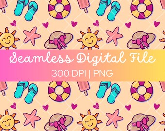Cute Summertime Beach Seamless Pattern - 3600x3600 300DPI Repeating Design Digital Download, Sun Hat Flip Flops Beach Ball, Summer Vibes