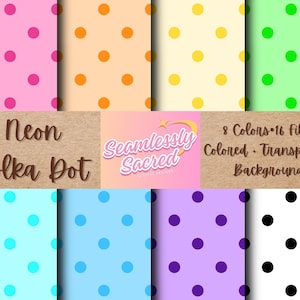 Op de afbeelding: Een digitale download van 16 naadloze stippenpatronen in 8 neonkleuren. De patronen zijn perfect voor het maken van achtergronden, scrapbooking en andere knutselprojecten. De tekst op de afbeelding luidt "Neon Polka Dot" en "Seamlessly Sacred".