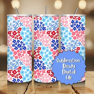 20 oz Skinny Tumbler Wrap, Patriotic Ditsy Floral Pattern, Seamless File, Fourth of July, Independence Day Straight Tumbler Wrap, America