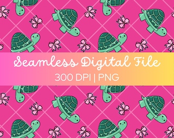 Seamless Pattern, Hand-Drawn Cute Turtle Tortoise, Digital Download, Repeating Turtle and Bows Design, Sublimation, Digital Scrapbook Paper