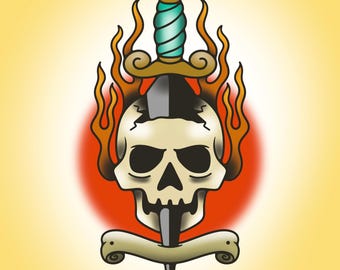 Traditional style skull and dagger PNG