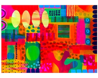 Vibrant, colourful, ORIGINAL, abstract art by Amanda Hone. Mixed media on wood board
