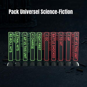 Peut inclure: Un ensemble de marqueurs de jeu rectangulaires intitulés Pack Universel Science-Fiction. Les marqueurs présentent du texte vert sur fond noir pour les effets positifs et du texte rouge sur fond noir pour les effets négatifs, montés sur socle.
