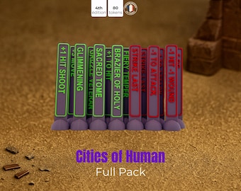 Fichas de Ciudades de Fantasía Humana – Recordatorios de Mejoras y Desventajas – Marcadores de Efectos Positivos y Negativos – Fichas de Juego de Guerra - Equipo de Batalla