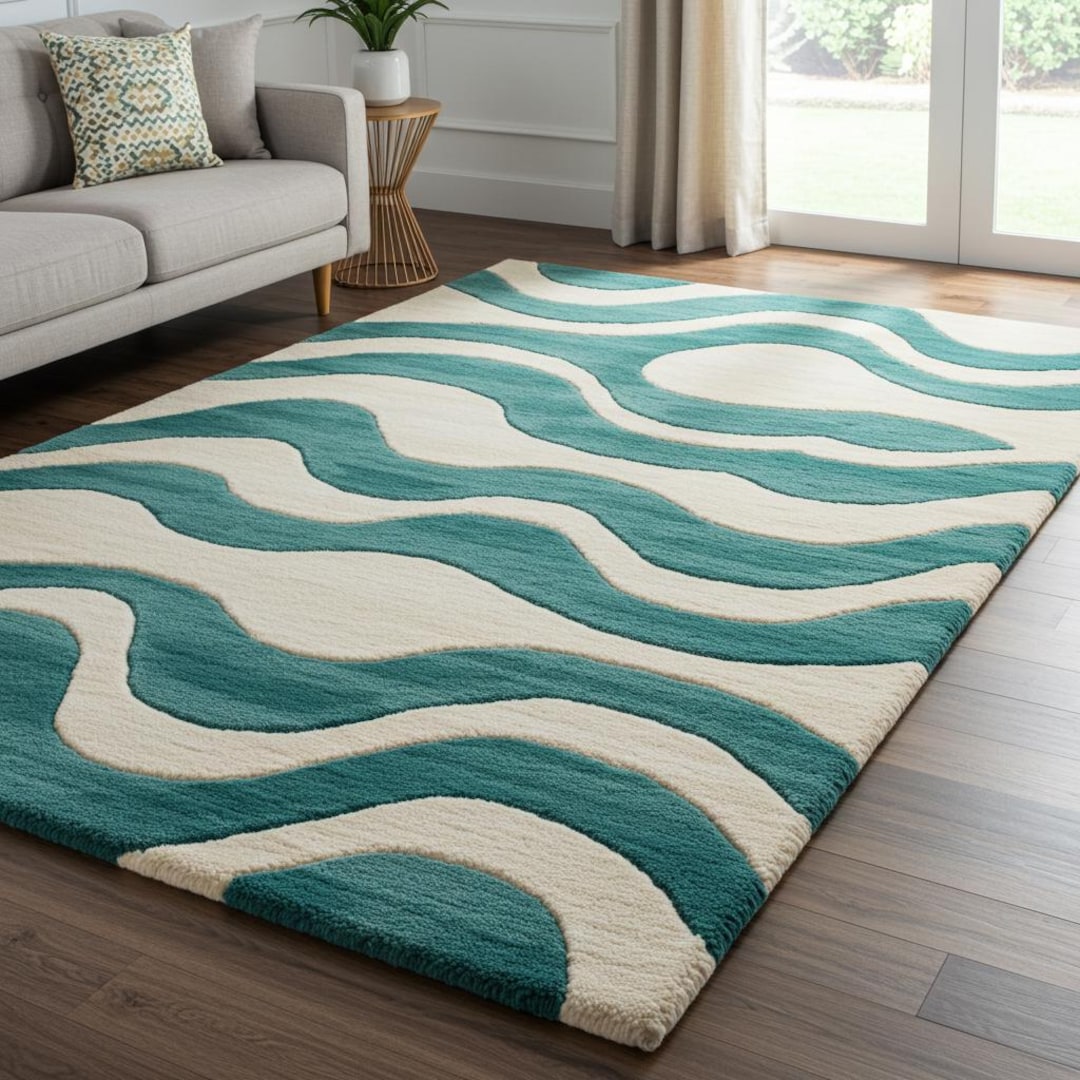 Hand Tufted Wool Rug, Abstract Teal Wave Design - Etsy