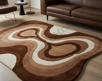 Retro Swirl Rug | Abstract Brown and Beige Area Rug for Modern Living Spaces, Bedroom
