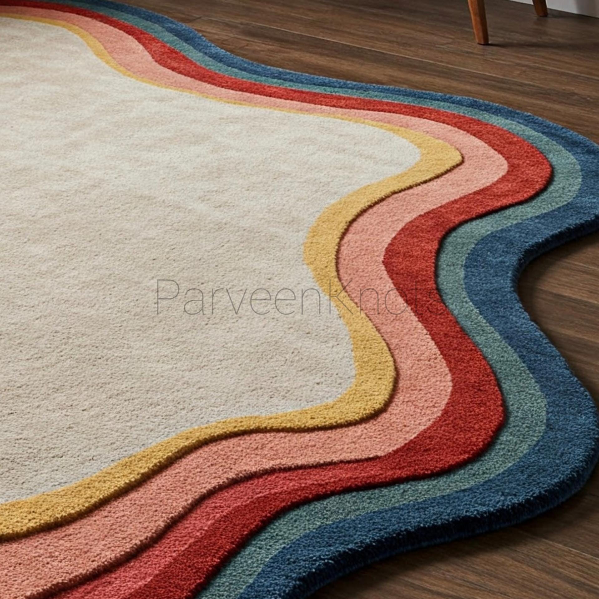 Wool Wave Rug Hand-tufted Wool Rug: Retro Wave Design, Muted Rainbow Tones - Etsy