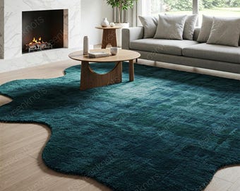May include: A teal blue shag rug with a wavy, organic shape. The rug is placed on a hardwood floor in a living room setting with a coffee table and a sofa.