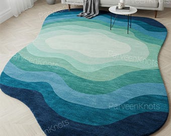 Blue Ombre Wool Rug: Irregular Hand-Tufted Tranquil Tides Design