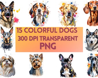 May include: A collection of 15 colorful dog portraits with watercolor paint splatter effects. The image includes various breeds, such as a German Shepherd, Beagle, Labrador, and Dachshund. Text overlay reads "15 COLORFUL DOGS 300 DPI TRANSPARENT PNG."
