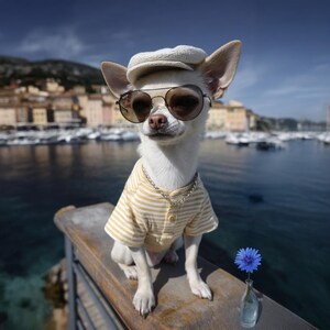 Retrato de Chihuahua personalizado e estiloso – Arte antropomórfica em moda praia, presente perfeito para amantes de cães, decoração de parede exclusiva para animais de estimação