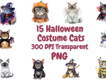 Halloween Cats Clipart Bundle | 15 Watercolor Cat PNG Images | High Resolution 300 DPI