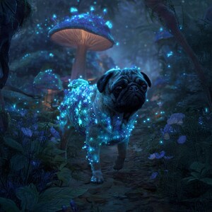 Magical Bioluminescent Custom Pet Portrait, Fantasy Forest Art, Glowing Blue Mushroom Fairy Tale Digital Print, Enchanted Pet Decor