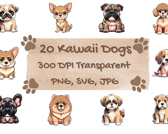 Pacote de Clipart de Cachorros Kawaii – Cachorrinho Brincalhão PNG, JPG, SVG (Download Digital)