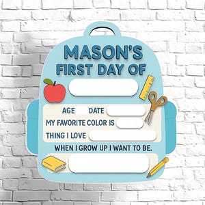 Plaque personnalisée premier jour d'école pour enfants, tableau des jalons bleu pour sac à dos, accessoire photo personnalisé pour garçons, plaque souvenir scolaire réutilisable
