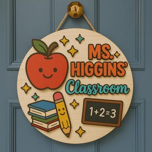 Lindo colgador de puerta para maestra con manzana y lápiz, letrero personalizado para el aula de la Sra. Higgins, regalo para la vuelta al cole, decoración para el aula.