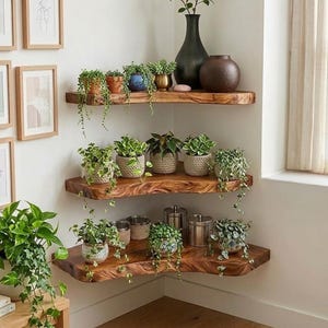 Pode incluir: Três prateleiras de canto de três níveis feitas de madeira natural com bordas vivas, montadas em paredes brancas. As prateleiras contêm várias plantas verdes em vasos, incluindo trepadeiras, e vários vasos e recipientes decorativos.