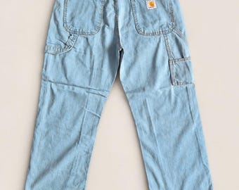 Jeans Carhartt Carpenter vintage rielaborati, con doppie ginocchia in denim, colore azzurro chiaro, taglia W32