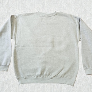 May include: A light gray sweatshirt with a crew neck and long sleeves. The sweatshirt is made of a soft material and has ribbed cuffs and hem. The garment is laid flat on a textured surface.