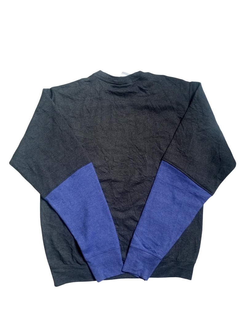 Op de afbeelding: Een donkergrijs sweatshirt met blauwe mouwen. De mouwen zijn effen blauw, terwijl de body van het sweatshirt donkerder grijs is. Het sweatshirt is gemaakt van een zacht materiaal.