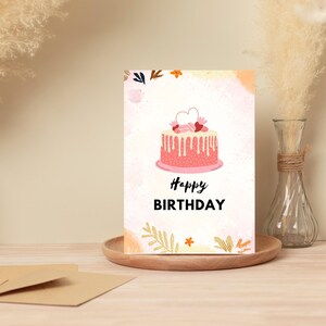 Cartão de aniversário para impressão | Cartão de bolo de feliz aniversário | Download digital | Cartão dobrável 5x7 e 4x6 | Saudação DIY | Download instantâneo