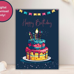 Carte d'anniversaire imprimable | de gâteau de joyeux anniversaire | Téléchargement numérique | Carte pliable 5 x 7 et 4 x 6 | Salutation DIY | Téléchargement instantané