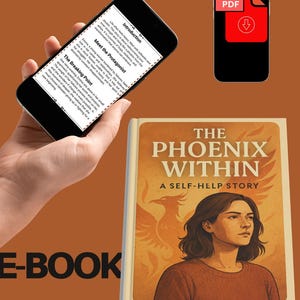 Könnte beinhalten: E-Book-Cover mit dem Titel "The Phoenix Within: A Self-Help Story" mit einem Frauenporträt. Ein Smartphone zeigt die Einführung und Details des Protagonisten des Buches an. Ein PDF-Download-Symbol ist ebenfalls sichtbar.