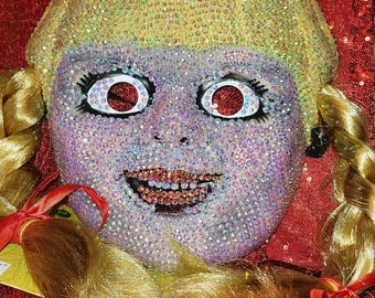 Hand Bedazzled Annabelle Comes Home With Pigtails Doll Horror Scary Movie Halloween Bling DIY Costume Mask Doll Rhinestones Jeweled Creation