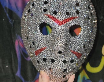 Hand Bedazzled Jason Voorhees Halloween Costume Friday the 13th Bling Rhinestones Jeweled Horror Hockey Adult Mask