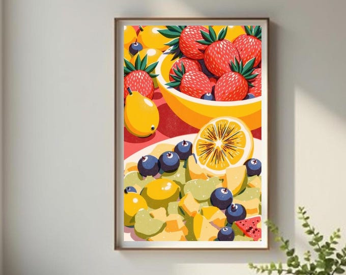 Fruits Poster, Summer, Colourful Poster, Retro Poster, Art, Wall Art, Digital Poster, Fruit Poster, Digital File, Room Decor, Decoration