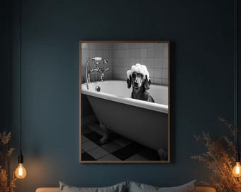 Dachshund in Bathtub Art Print: Funny Dog Bathroom Poster (Digital Download)