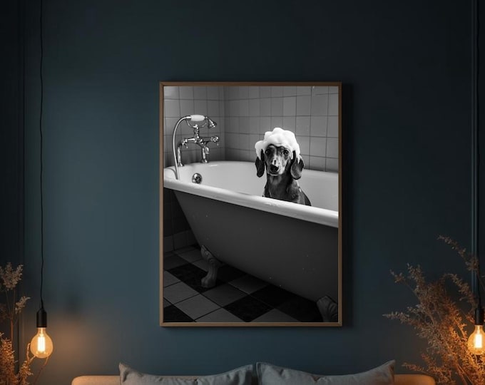 Dachshund, Digital Poster, Dachshund Poster, Dackel Poster, Wall Art, Dog Poster, Animal Poster, Dog in Bathroom, Dachshund in Bath Tube
