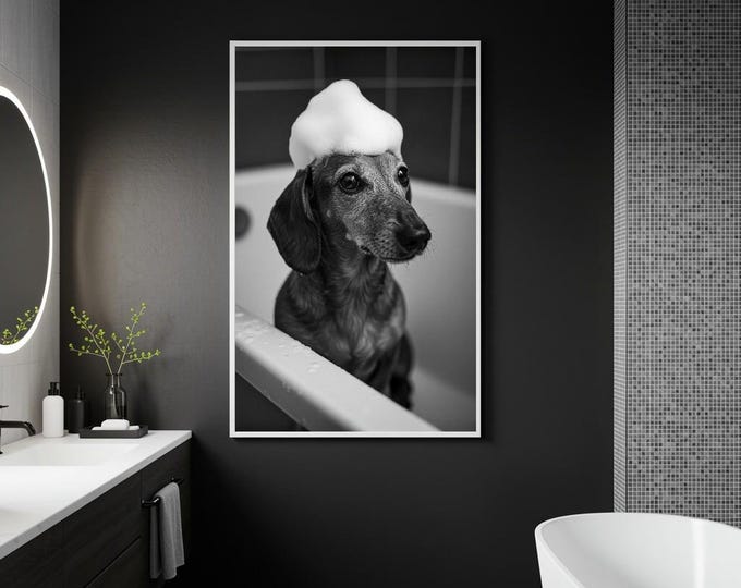 Dachshund in Bathtube, Digital Poster, Poster, Dachshund, Wall Decor, Dog Poster, Black and White Poster, Wall Art, Animal Poster, Download