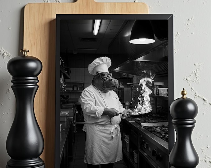 Hippo Chef, Cooking Hippo, Digital Poster, Funny Animals, Digital Print, Wall Art, Black and White, Animal Poster