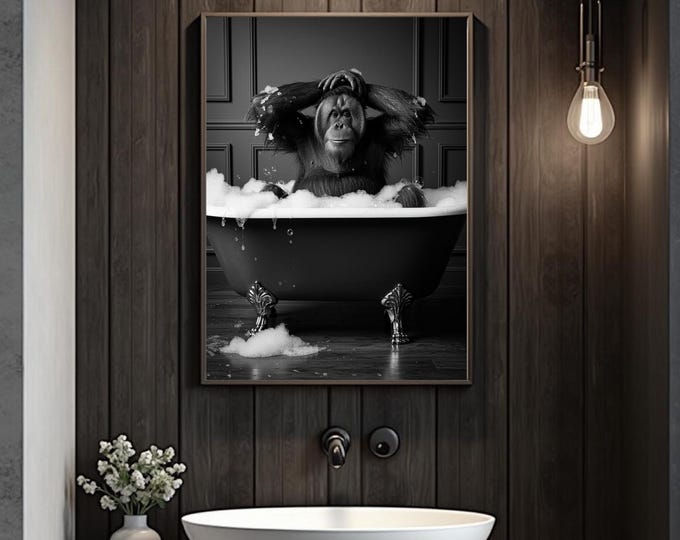 Monkey in Bathtube, Crazy Monkey, Monkey Poster, Digital Poster, Wall Art, Black and White Poster, Digital Art, Animal Poster, Orangutan Pic