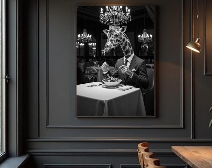 Elegant Giraffe, Animal Poster, Digital Art, Black and White, Giraffe in Restaurant, Funny Animals, Wall Art, Poster, Decoration