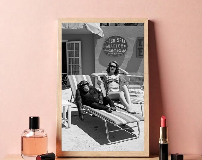 Retro Art Print, Black and White Chimpanzee & Woman in Sunglasses, Vintage Wall Decor, Mid Digital Poster, Funny Animal Art, Vintage Picture