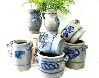 Vintage European Blue and White Crock, Primitive Belgian Pottery
