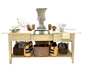 Vintage French Blue Kitchen Island, Provence Shop Counter, Bottom Shelf