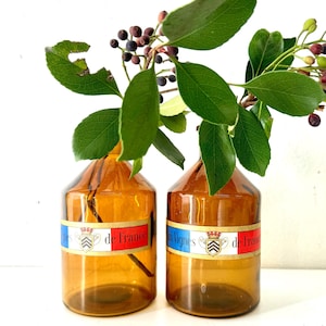Set of TWO, Apothecary French Bottles Pharmacy,  Amber  Vintage Bottle, French label