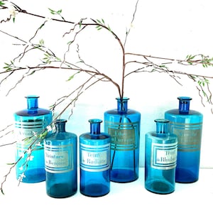French Blue Pharmacy Bottles, Vintage Pharmacy Bottles  wirh Original Label,